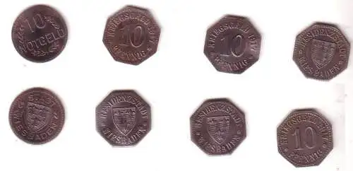 4 x 10 Pfennig Eisen Not Münzen Stadt Wiesbaden 1917