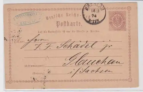 96959 DR Ganzsachen Postkarte P1 J. Glücksmann & Co. Breslau nach Glauchau 1874
