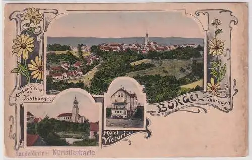 54385 Ak Bürgel in Thür. Hotel Victoria, Klosterkirche zu Thalbürgel um 1900