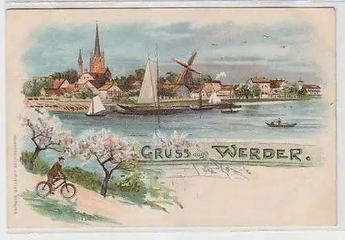 66641 Ak Lithographie Gruss aus Werder Totalansicht mit Windmühle um 1900