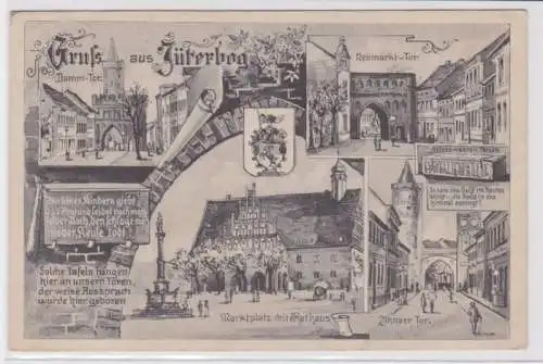 66080 Ak Gruß aus Jüterbog Damm-Tor, neumarkt-Tor, Zinnaer-Tor, Marktplatz 1926