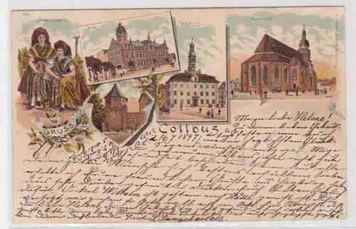98318 Ak Lithographie Gruss aus Cottbus - Spreewälderin, Post, Rathaus, Kirche