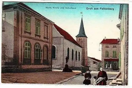 50859 Feldpost Ak Gruß aus Falkenberg Markt, Kirche und Schulhaus 1915