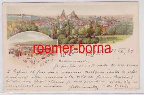 85683 Ak Lithographie Gruß aus Erfurt Totalansicht und Bahnhof 1899