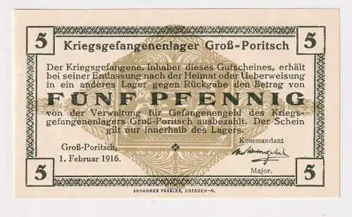 5 Pfennig Banknote Kriegsgefangenlager Groß-Poritsch 1.Februar 1916 (154568)