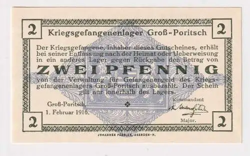 2 Pfennig Banknote Kriegsgefangenlager Groß-Poritsch 1.Februar 1916 (153572)
