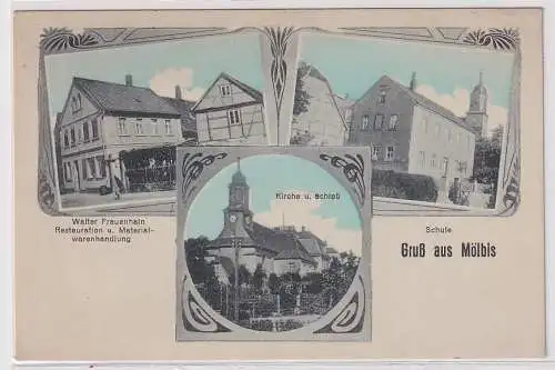 76026 Mehrbild Ak Gruß aus Mölbis Restauration, Schule, Kirche, Schloß um 1920