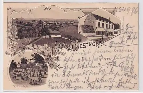 99194 Ak Lithographie Gruß aus Westdorf bei Aschersleben Gasthof usw. 1896