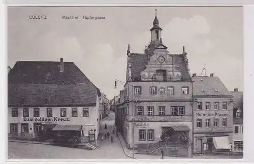70017 AK Colditz - Markt mit Töpfergasse, Gasthaus zum goldenen Kreuz um 1910