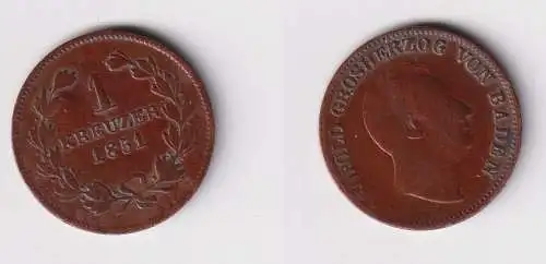 1 Kreuzer Kupfer Münze Leopold Grossherzog von Baden 1851 (170393)