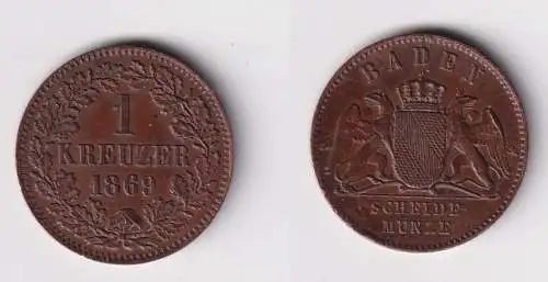1 Kreuzer Kupfer Münze Baden 1869 vz (170510)