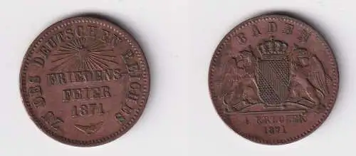 1 Kreuzer Kupfer Münze Baden Friedensfeier 1871 vz (170501)