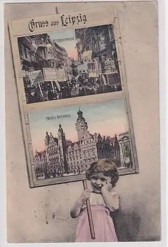 75032 Rahmen Ak Gruss aus Leipzig - Petersstraße und neues Rathaus 1907