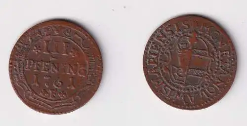 3 Pfennig Kupfer Münze Hansestadt Wismar 1761 (170346)