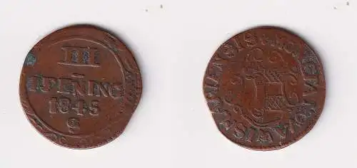 3 Pfennig Kupfer Münze Hansestadt Wismar 1845 (170544)