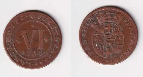 6 Pfennig Kupfer Münze Hochstift Paderborn 1718 s/ss (170446)