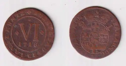 6 Pfennig Kupfer Münze Hochstift Paderborn 1718 s/ss (170411)