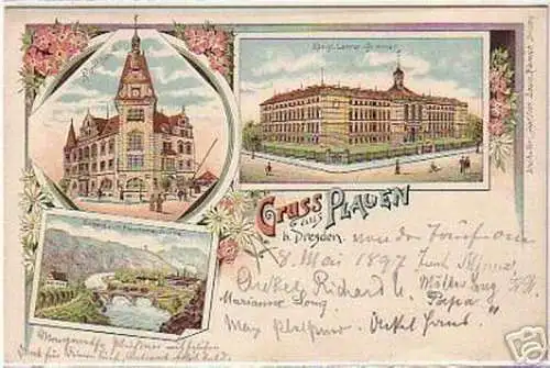 02237 Ak Lithographie Gruß aus Plauen bei Dresden 1897