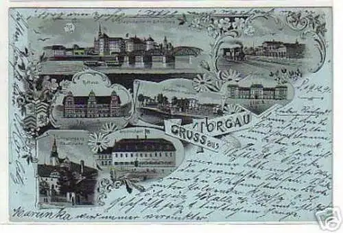 00729 Mondscheinkarte Gruß aus Torgau Bahnhof usw. 1898