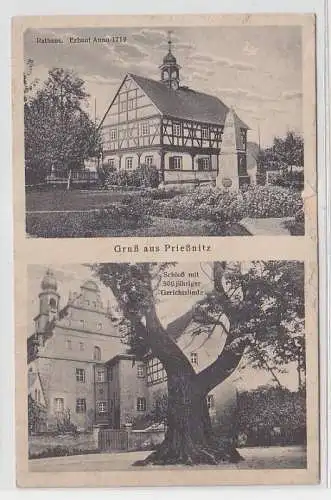 68933 Mehrbild Ak Gruß aus Prießnitz Rathaus u. Schloß mit Gerichtslinde um 1920