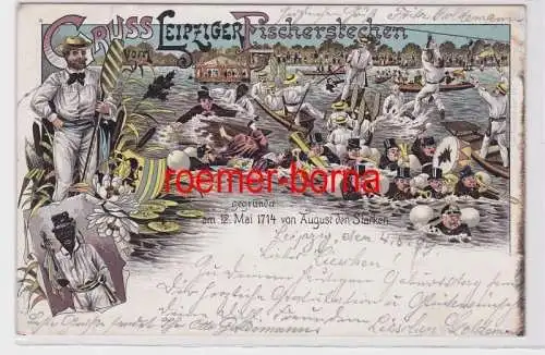 88366 Ak Lithographie Gruss vom Leipziger Fischerstechen 1899