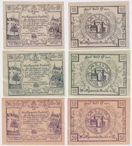 3 Banknoten 10 bis 50 Heller Notgeld Marktgemeinde Raabs 1920 (162336)