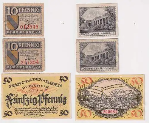 50 & 2x 10 Pfennig Banknoten Notgeld Stadt Baden-Baden 1919/20 (168759)
