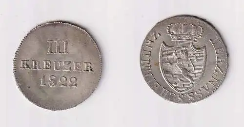 3 Kreuzer Münze Nassau 1822 Wilhelm 1816-1839 vz/st (170472)