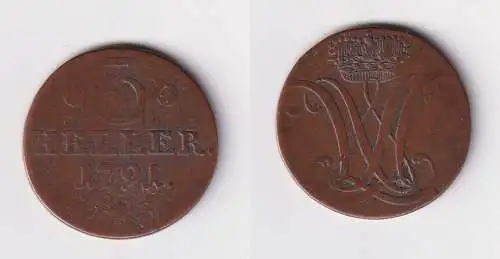 3 Heller Kupfer Münze Hessen-Kassel 1791 s/ss (170515)