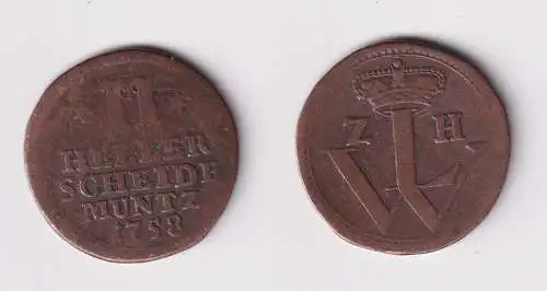 2 Heller Kupfer Münze Hessen-Kassel 1758 s/ss (170717)