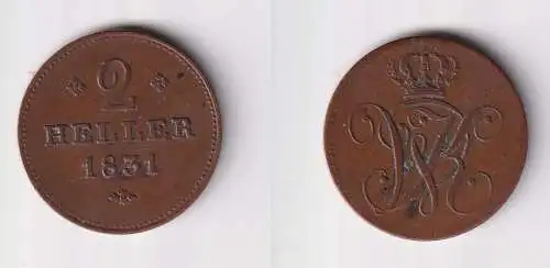 2 Heller Kupfer Münze Hessen-Kassel 1831 ss+ (170378)