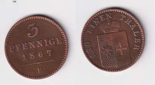 3 Pfennige Kupfer Münze Waldeck und Pyrmont 1867 B ss/vz (170400)