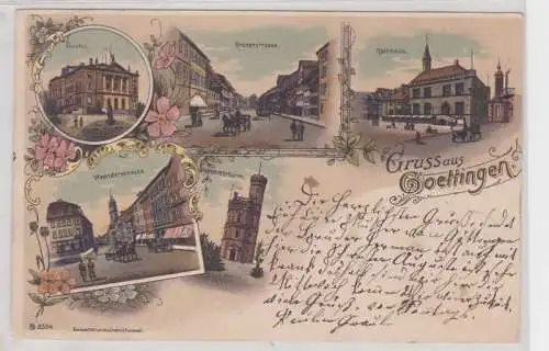92050 AK Gruss aus Goettingen Rathhaus, Theater, Bismarckthurm & Straßenansicht