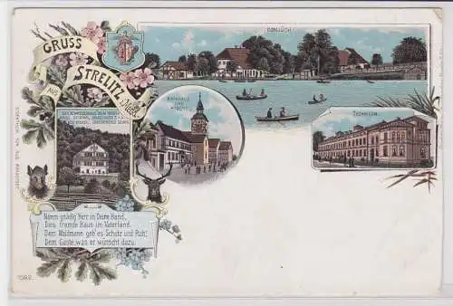74561 Ak Lithographie Gruß aus Strelitz in Mecklenburg Technikum usw. um 1900