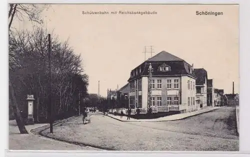 84374 Ak Schöningen Schützenbahn mit Reichsbankgebäude 1916