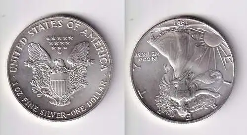 1 Dollar Silber Münze Silver Eagle USA 1991 1 Unze Feinsilber Stgl. (170288)