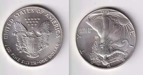 1 Dollar Silber Münze Silver Eagle USA 1991 1 Unze Feinsilber Stgl. (170248)