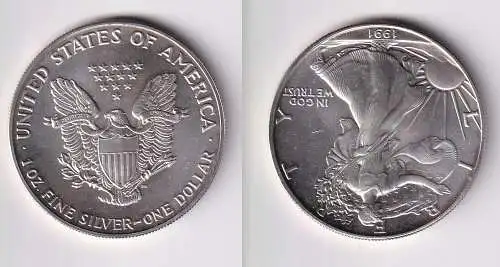 1 Dollar Silber Münze Silver Eagle USA 1991 1 Unze Feinsilber Stgl. (170256)