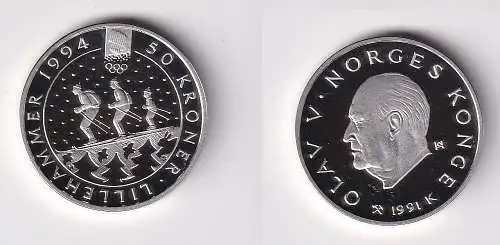 50 Kronen Silber Münze Norwegen Olympiade 1994 Lillehammer 1991 (170296)
