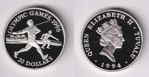 20 Dollar Silber Münze Tuvalu Olympiade 1996 Atlanta Speerwerfen 1994 (170150)