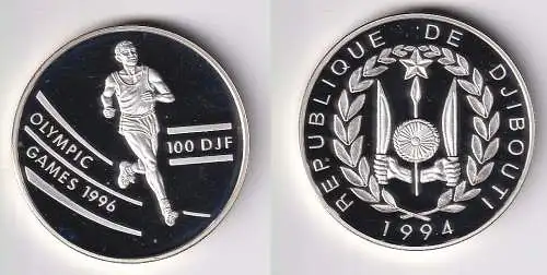 100 Francs Silber Münze Djibouti Olympiade 1996 Atlanta Marathonläufer (170119)
