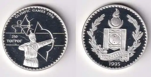 250 Tukhrik Silber Münze Mongolei Olympiade 1996 Atlanta Bogenschütze (170788)