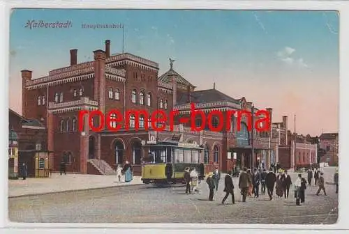 74503 Feldpost Ak Halberstadt Hauptbahnhof mit Strassenbahn davor 1915