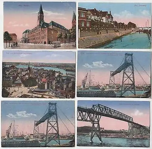 23917/6 Ak Kiel, Strandweg, Rathaus, Schwebefähre, Hochbrücke usw. 1916
