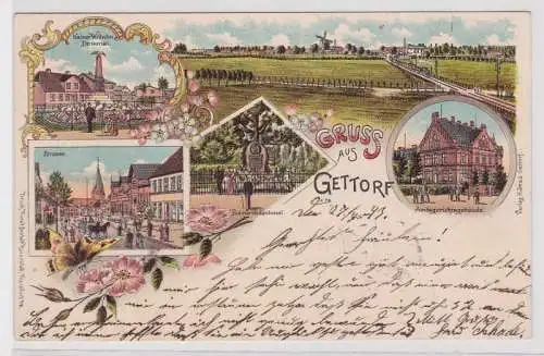 47020 Ak Lithographie Gruß aus Gettorf Bismarckdenkmal, Windmühle usw. 1903