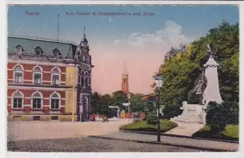 98179 Ak Sagan Zagan Kaiserliches Postamt mit Kriegerdenkmal 1925