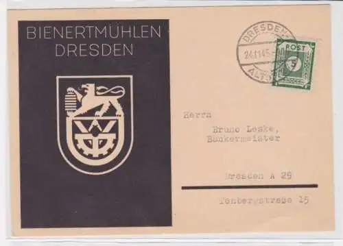 90172 persönliche Bestellkarte bei Bienertmühlen Dresden, Bäckermeister 1945