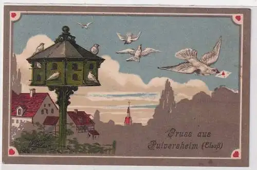 36901 Künstler AK Gruss aus Pulversheim (Elsaß) - Taubenschlag mit Brieftauben