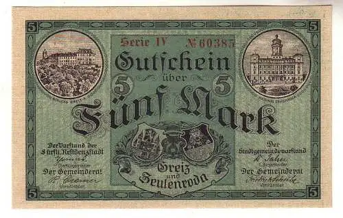 5 Mark Banknote Groß-Notgeld der Städte Greiz Zeulenroda 1918