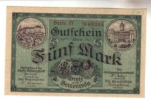 5 Mark Banknote Groß-Notgeld der Städte Greiz Zeulenroda 1918